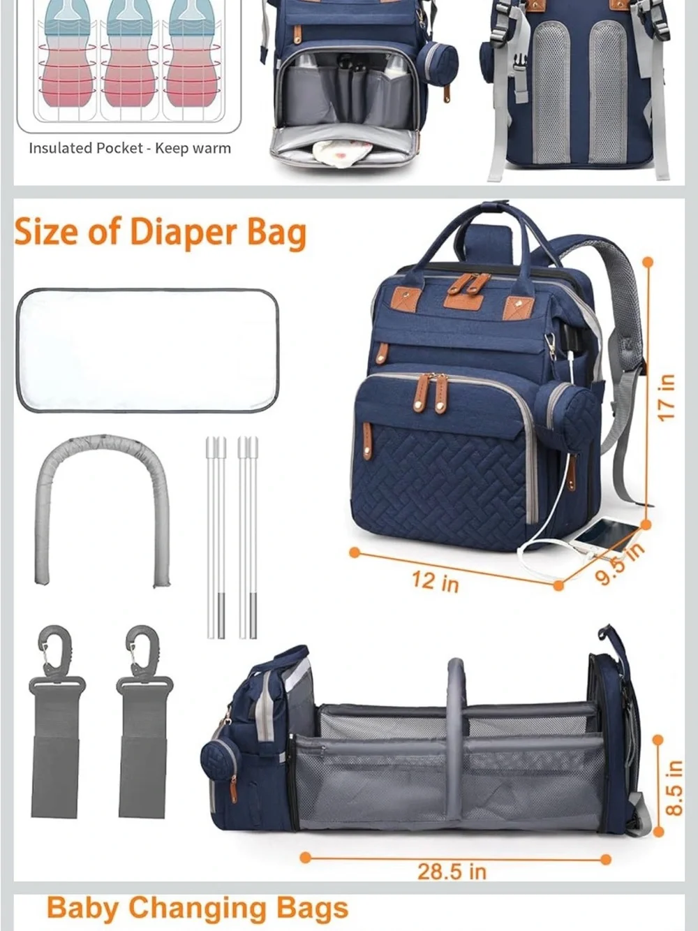 Quilted Navy Diaper Backpack with Brown Trim